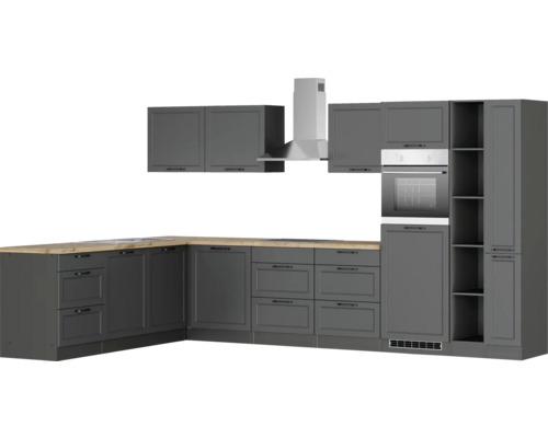 Cuisine intégrée grise complète avec appareils électriques et plan de travail en bois