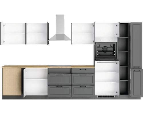 Cuisine complète avec éléments hauts, hotte aspirante, four et éléments bas.