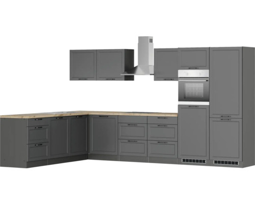 Cuisine linéaire grise avec éléments hauts, hotte aspirante et four encastrable