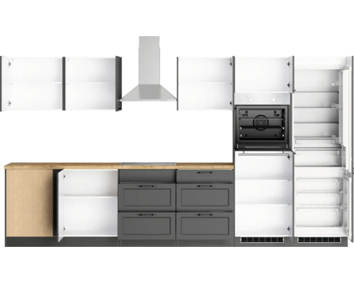 Cuisine complète avec armoires, hotte aspirante, four et réfrigérateur