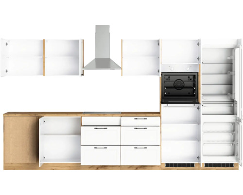 Cuisine équipée avec éléments hauts, hotte aspirante, four, tiroirs et réfrigérateur