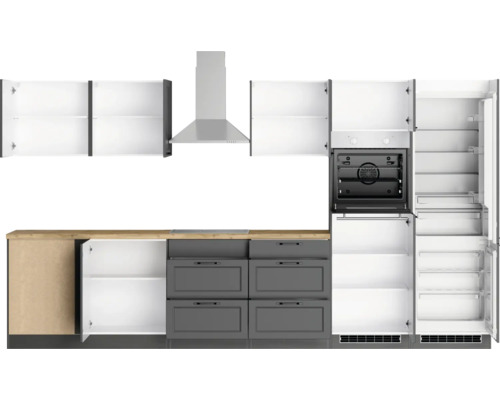 Cuisine équipée avec éléments hauts, hotte aspirante, four encastrable, meubles bas à tiroirs et réfrigérateur