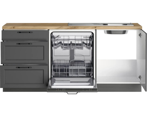 Cuisine équipée avec tiroirs, lave-vaisselle et évier