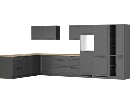 Küchenzeile ohne Geräte Held Möbel Lübeck 420 cm Frontfarbe grau Korpusfarbe graphit 1133.6331