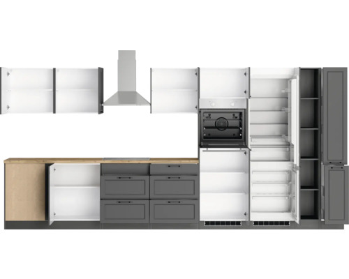 Cuisine complète avec meuble bas pour évier, éléments hauts, hotte aspirante, four encastrable, tiroirs, combiné réfrigérateur-congélateur et armoire haute