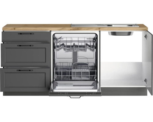 Cuisine équipée avec évier, lave-vaisselle et meubles bas