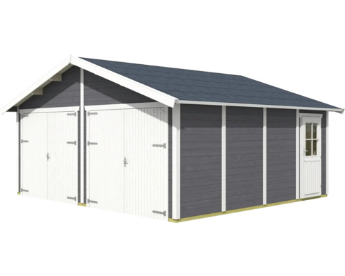 Grand garage en bois avec portes doubles et porte latérale pour l''extérieur