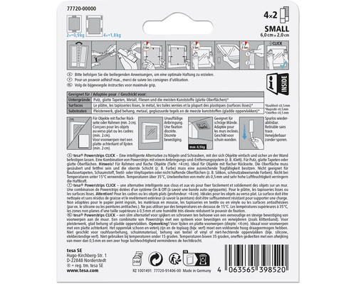 tesa Powerstrips CLICK small 4x2, geeignet für Putz, glatte Tapeten, Metall, Fliesen und Kunststoffe