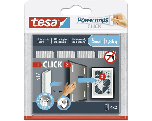 tesa Powerstrips Click Small 6 x 2 cm 1,8 kg Belastung 4 x 2 Stk. Tesa Powerstrips Click Packung für Putz, glatte Tapeten und Pleisterwerk