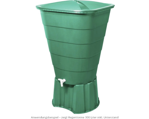 Regentonne mit Deckel und Wasserhahn auf einem Unterstand