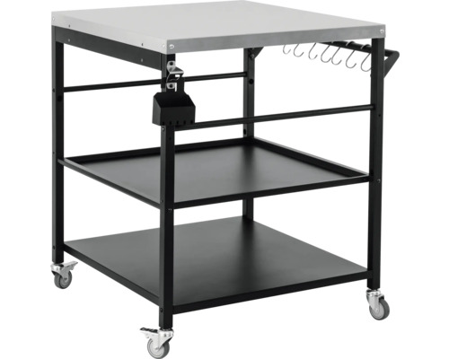 Chariot de service avec plan de travail, deux étagères, ouvre-bouteille et crochets