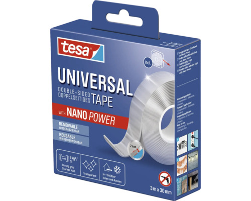 Tesa Universal doppelseitiges Klebeband mit Nano Power, 3 Meter mal 30 Millimeter