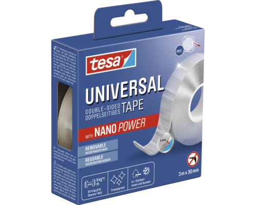 Tesa Universal doppelseitiges Klebeband mit Nano Power, 3 Meter x 30 Millimeter