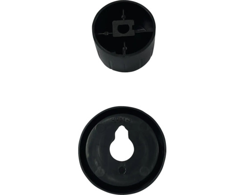 Deux fixations en plastique noir présentées sous différents angles