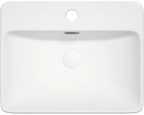 Vue de dessus d''un lavabo blanc avec trou de robinet et trop-plein