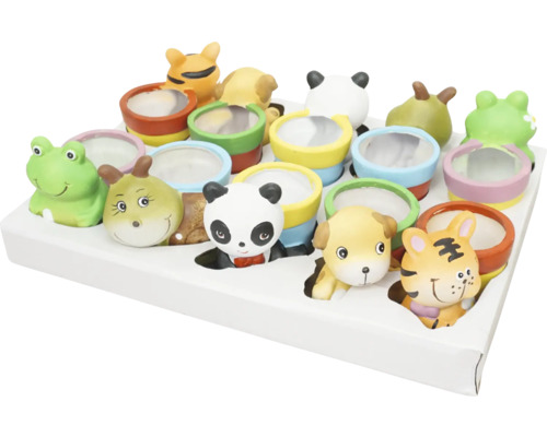 Ensemble de pots de fleurs avec figurines d''animaux dans un support blanc
