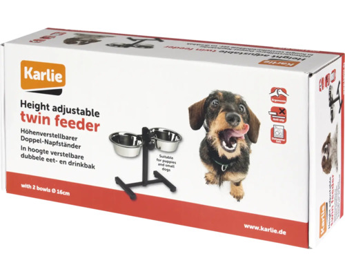 Karlie double écuelle réglable en hauteur dans un emballage avec une photo d''un teckel.