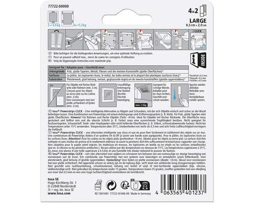 Tesa Powerstrips Click Large 4x2, geeignet für glatte Oberflächen, zum spurlosen Ablösen