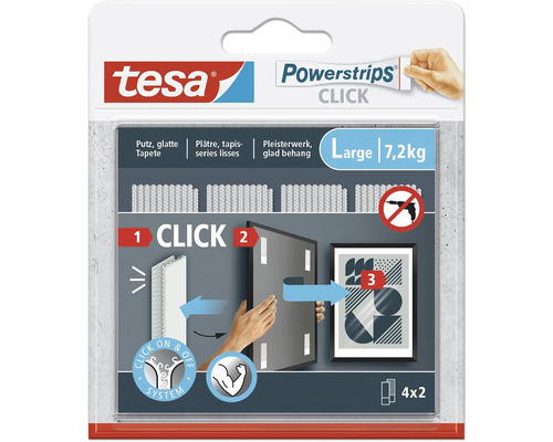 Tesa Powerstrips Click, grosse Klebestreifen zum Aufhängen von Gegenständen mit bis zu 7,2 Kilogramm Gewicht