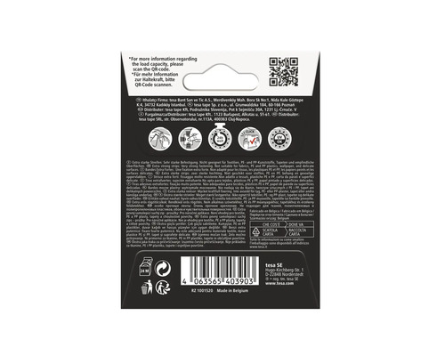 Informations sur la force portante et la force d''adhérence via le code QR. Remarque sur l''exclusion des textiles, de certains plastiques, des papiers peints et des surfaces sensibles. Fabriqué en Belgique.