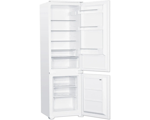 Réfrigérateur-congélateur ouvert avec étagères et tiroirs