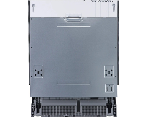 Vue arrière d''un lave-vaisselle, avec détails des connexions et fixations.