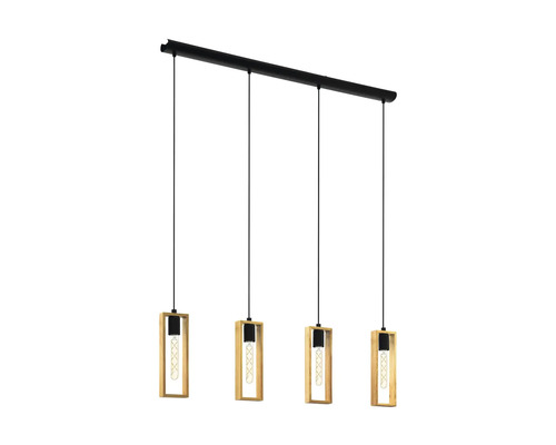 Pendelleuchte mit vier Lampen aus Holz und schwarzem Metall