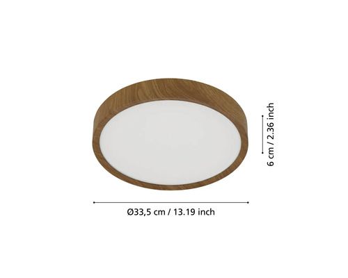 Runde Deckenleuchte mit Holzoptik und den Maßen 33,5 cm Durchmesser und 6 cm Höhe