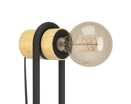 Tischleuchte mit Holzfuß und Glühbirne