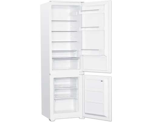 Réfrigérateur blanc ouvert avec étagères en verre et tiroirs de congélation