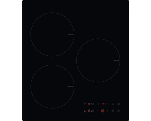 Plaque à induction sans cadre PKM IF3F lxp 45x51 cm 3 zones de cuisson autonomes Table de cuisson à induction noire avec trois zones de cuisson et affichage numérique.