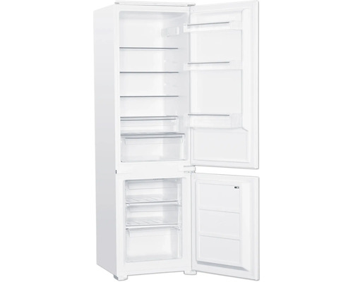 Réfrigérateur ouvert avec compartiment congélateur et clayettes en verre