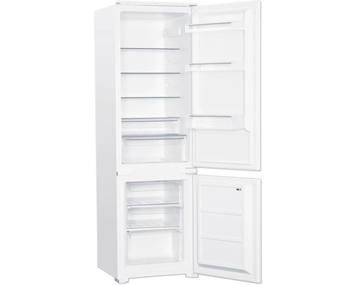 Réfrigérateur ouvert avec compartiment congélateur et étagères en verre