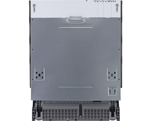 Vue arrière d''un lave-vaisselle illustrant les connexions et les points de montage.