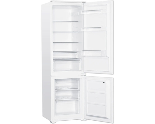 Réfrigérateur blanc ouvert avec compartiment congélateur et étagères en verre