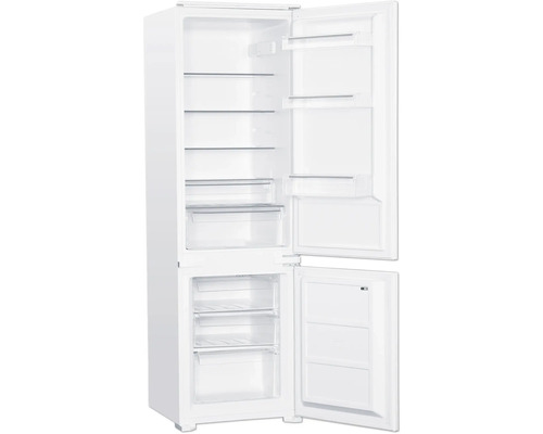 Réfrigérateur-congélateur blanc ouvert avec étagères en verre et tiroirs transparents