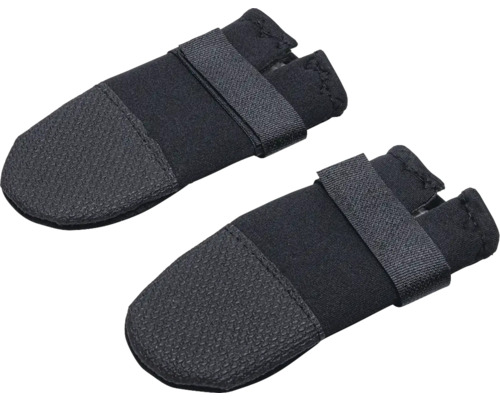 Zwei schwarze Hundeschuhe mit Klettverschluss und Gummisohle.