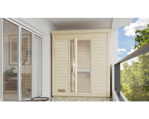 Chalet sauna Karibu Talos avec poêle 9 KW et commande intégr. et porte en bois et verre isolant Sauna en bois avec porte en verre ouverte sur un balcon