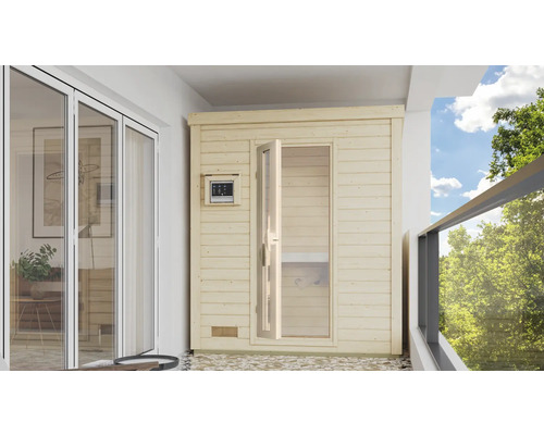 Sauna en bois avec porte en verre sur un balcon