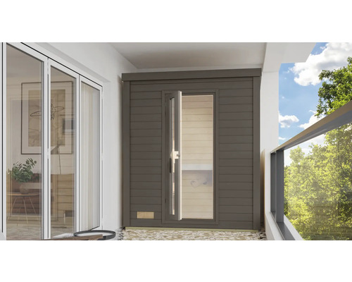 Chalet sauna Karibu Talos sans poêle et porte en bois et verre isolant gris terre cuite Vue extérieure d''un sauna de jardin avec porte ouverte