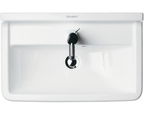 Aufnahme von oben eines weißen Keramikwaschbeckens mit verchromtem Wasserhahn und Duravit Logo