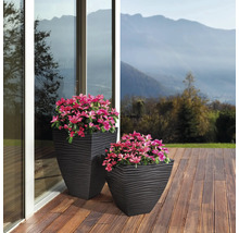 Zwei strukturierte Pflanzkübel mit Pflanzen auf einer Terrasse