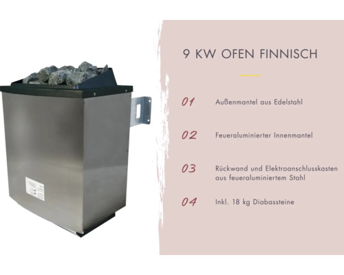 Finnischer 9-Kilowatt-Saunaofen mit Diabassteinen und Edelstahlaussenmantel