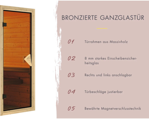 Bronzierte Ganzglastür mit Türrahmen aus Massivholz und Magnetverschlusstechnik