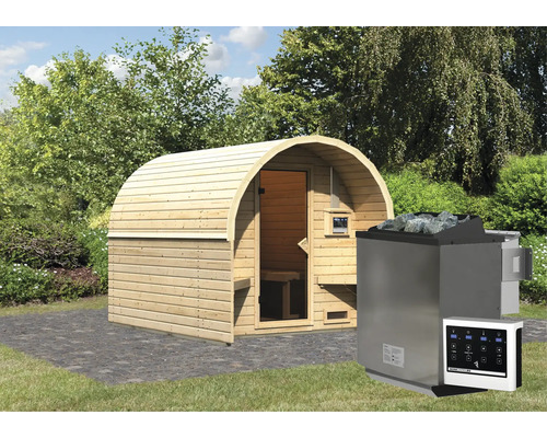 Sauna tonneau Karibu Fassy 2 avec poêle bio 9 kW et commande externe avec porte entièrement vitrée en verre transparent