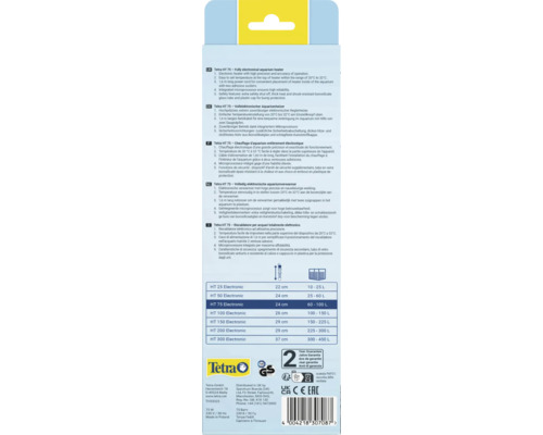 Emballage du produit de chauffage d''aquarium Tetra avec détails techniques et informations sur le fabricant