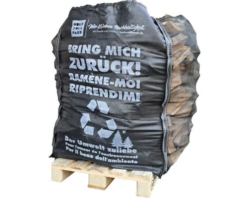 Sac de bois de chauffage sur une palette avec un symbole de recyclage et le logo Holzzollhaus