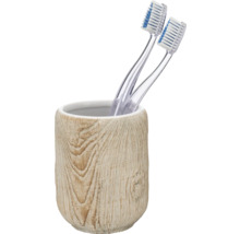 Zwei Zahnbürsten in einem Zahnputzbecher mit Holzoptik.