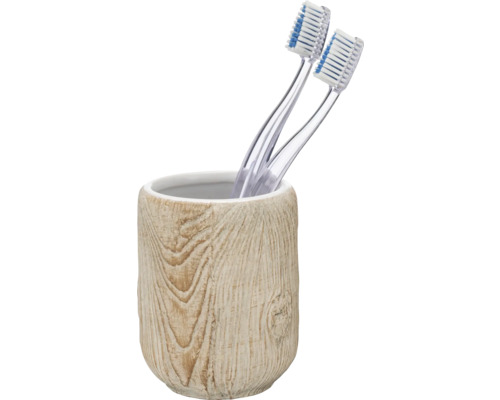 Zwei Zahnbürsten in einem Zahnputzbecher mit Holzoptik.