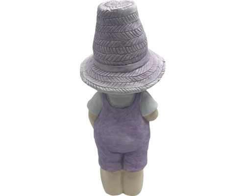 Figurine de nain de jardin avec chapeau et salopette, vue de dos